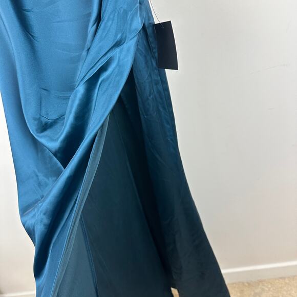 Lulus Stunning Arrival Dark Teal Satin Off The Shoulder Maxi Dress Formal S NWT - Picture 8 of 12